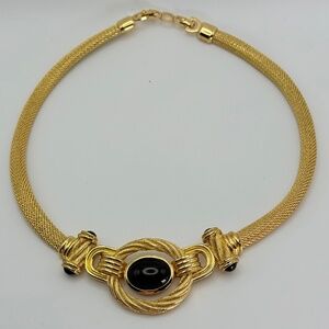 Vintage Christian Dior Gold-Tone Mesh Collar Necklace Black Cabochon